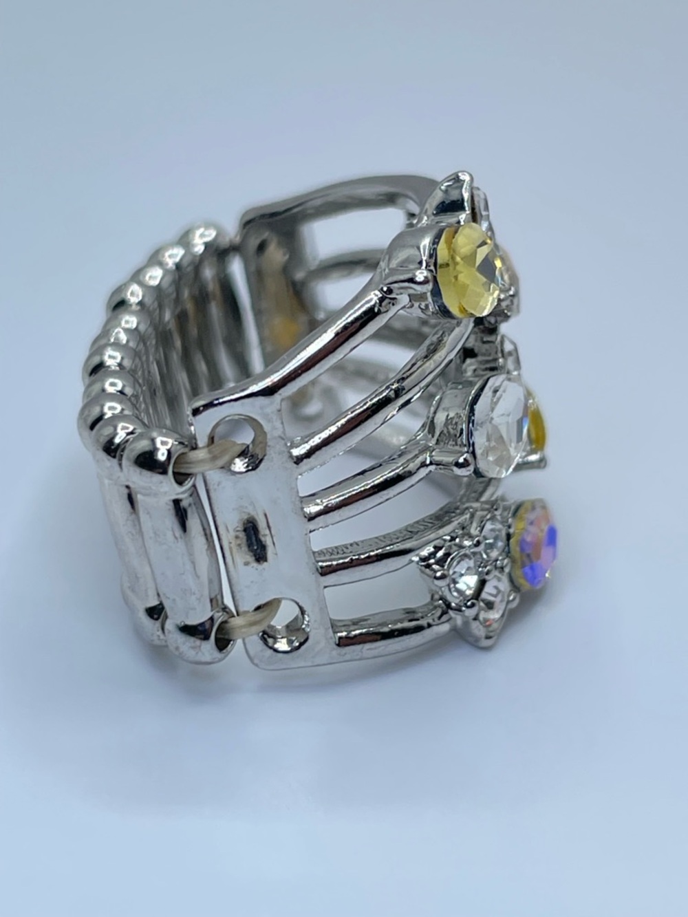 Silver Tone AB Crystal Stretch Ring Multicolor Rhinestone Statement - Picture 7 of 7